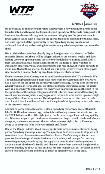 Announcement from Aaron Fox and Perris Raceway Perris Raceway