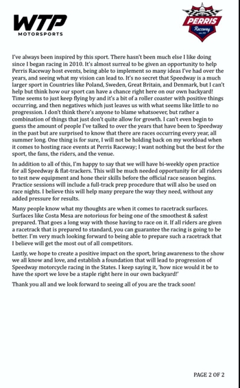 Announcement from Aaron Fox and Perris Raceway Perris Raceway